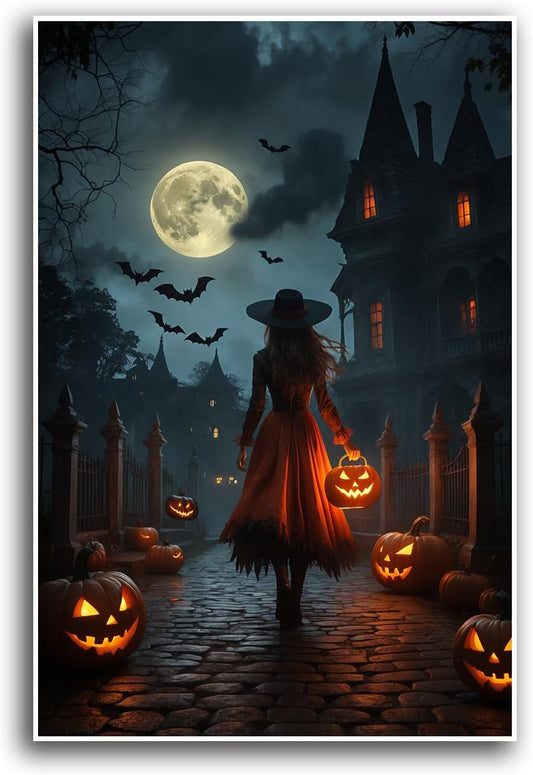 JFHCQJPK Halloween theme poster moonlit autumn night witch vintage poster art print dark college style gothic painting canvas wall decoration bedroom living room ideal gift32x48in Frameless
