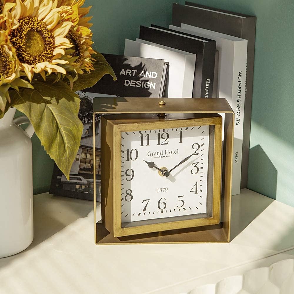 NIKKY HOME Rotating Table Clock, Non-Ticking Silent Battery Operated Decorative Mantel Desk Shelf Metal Clock for Home, Office, Living Room, Bed Room - Gold