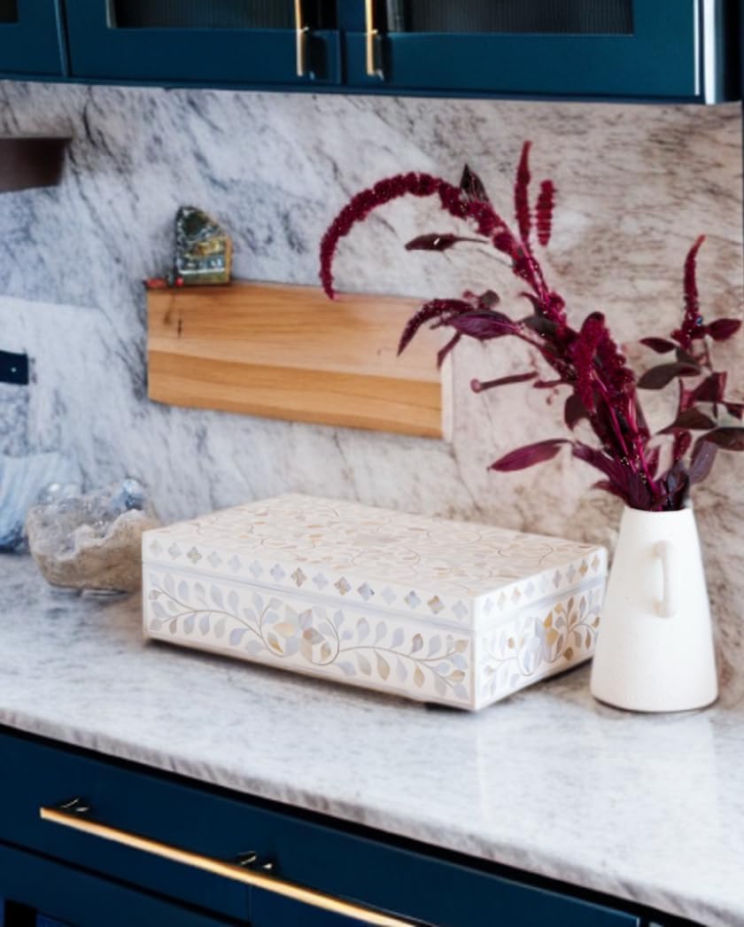 Decorative Storage Box Of Mother Of Pearl Inlay Floral Design Wooden Storage Box For Home Decoration For Living Dining & Bedroom (White_12x8x5 inch)