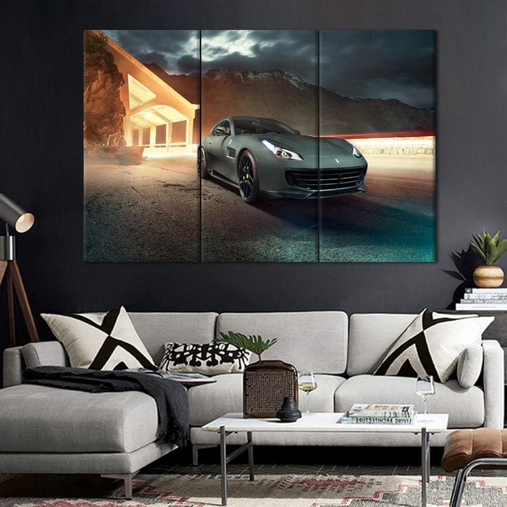 TUMOVO Skyline and Black Super Car Canvas Print Wall Art Picture Canvas Prints with Frame Home Decor for Livingroom Ready to Hang 40 x 20inch x 3 Panels