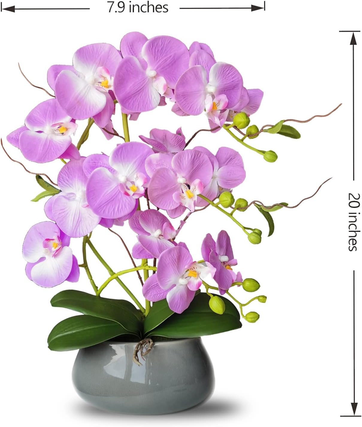 SJC Orchids Artificial Flowers with Gray Vase Purple Faux Orchid Phalaenopsis Arrangements for Kitchen Table Centerpiece Home Decoration Indoor(3.54" D x 7.87" W x 20" H)