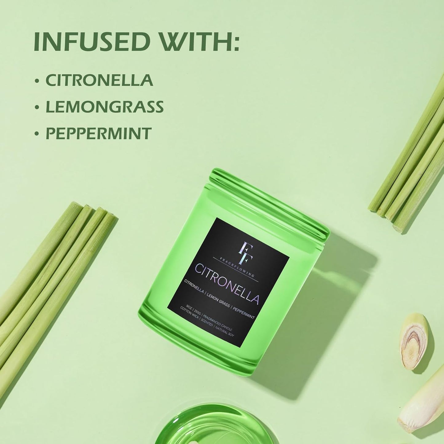 Citronella Candles Outdoor, 2-Wick Outdoor Indoor Scented Candle, Jar Candles for Home Scented, Long Lasting Natural Soy Candle, Summer Scents of Citronella/Lemon Grass/Peppermint, 9 oz