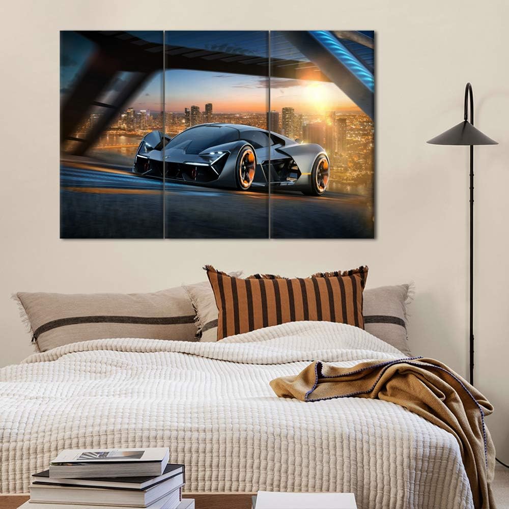 TUMOVO Cityscape Painting Sports Car Artwork Racing Pictures for Living Room 3 Piece Canvas Wall Art Modern Home Decoration Framed Stretched Ready to Hang Posters and Prints - 28 x 14inch x 3 Panel