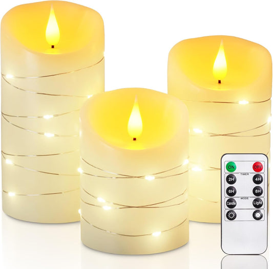 Homemory Flameless Candles with String Lights, 3 Pack Embedded Fairy String Lights LED Candles, Electric Flickering Candles with Remote Control and Timer, Real Wax, Ivory White