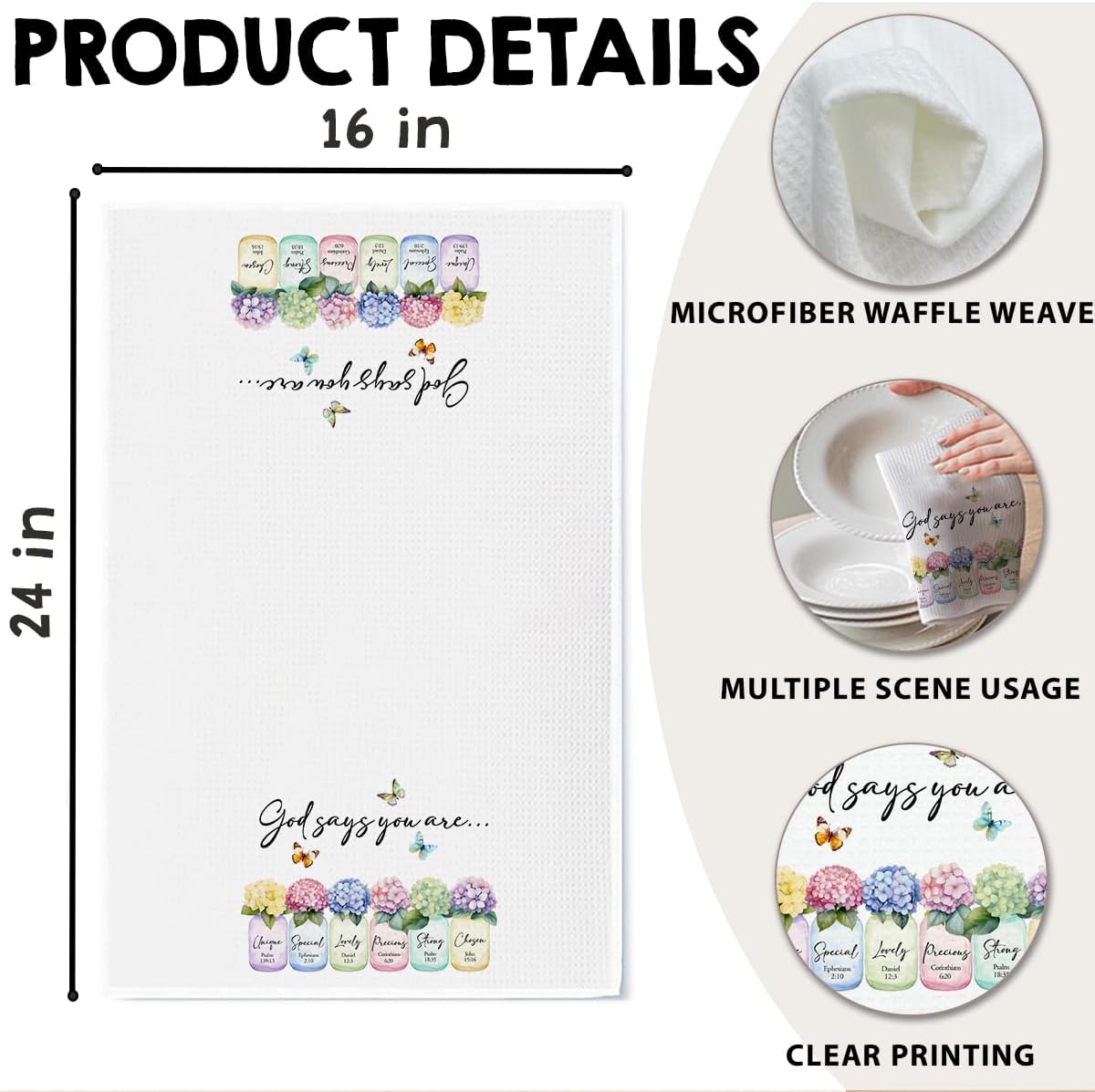 Christian Kitchen Towel, Waffle Weave Microfiber Scripture Hand Towel, God Says You are Bible Verse Farmhouse Decor for Kitchen Bathroom, Inspirational Gift for Women