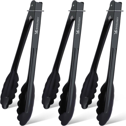 MSY BIGSUNNY 9 Inch Kitchen Food Tongs, Buffet Tongs, Serving Tongs, Black Aluminum Tongs - Set of 3