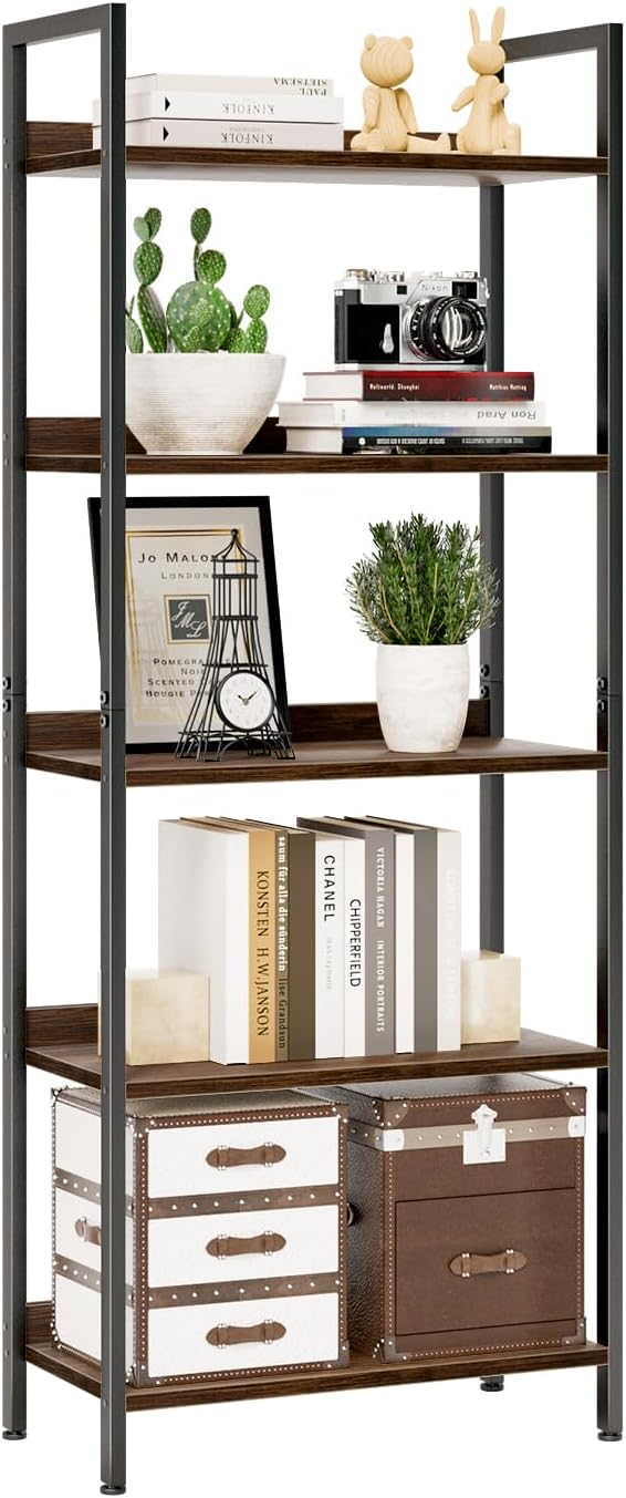 NUMENN Bookshelf, 5 Tier Bookshelves, Home Office Bookcase Shelf Storage Organizer, Free Standing Storage Shelving Unit for Bedroom, Living Room and Home Office, Dark Walnut