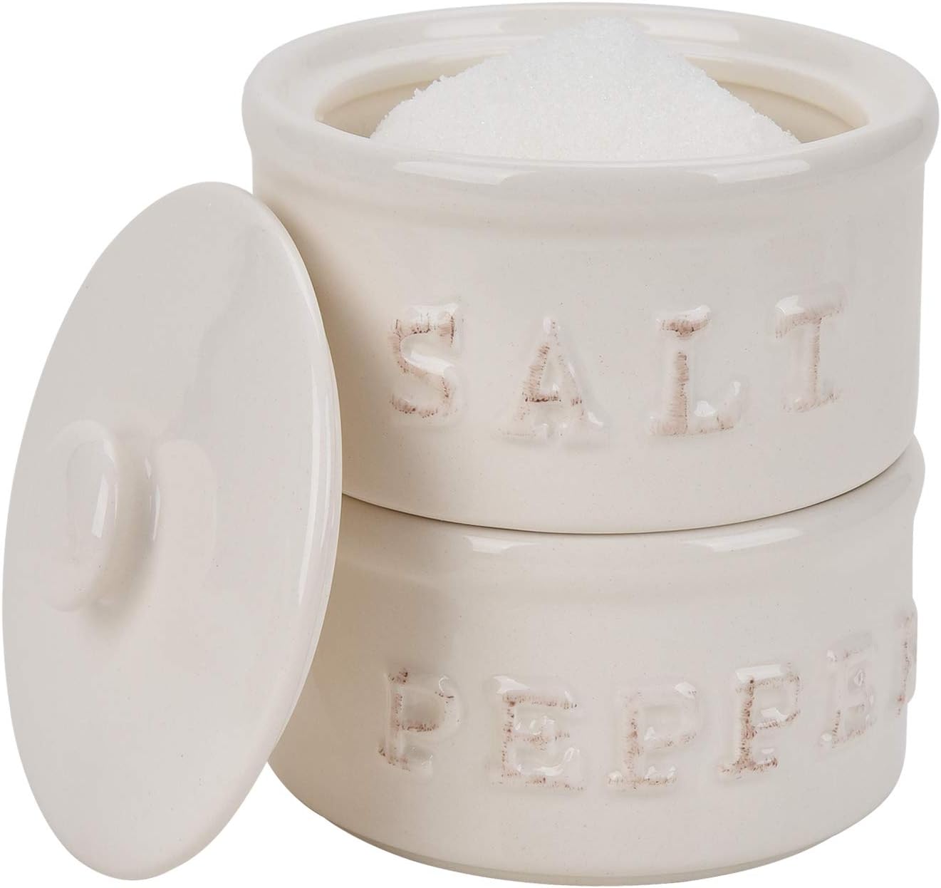 Vintage Ceramic Salt and Pepper Shaker Set Condiments Cellar Stacking Bowls With Lid