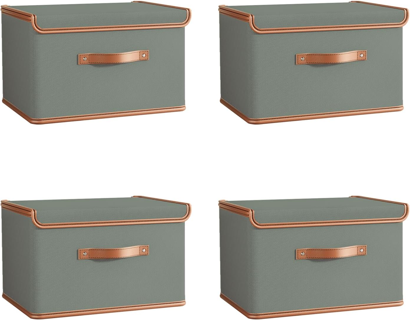 Tuza 4 Pack Storage Bins with Lids, Collapsible Closet Organizer Container, Fabric Organizer Box with Handles, Decorative Storage Boxes with Lids for Organizing Clothes, Blanket, Grey, Large