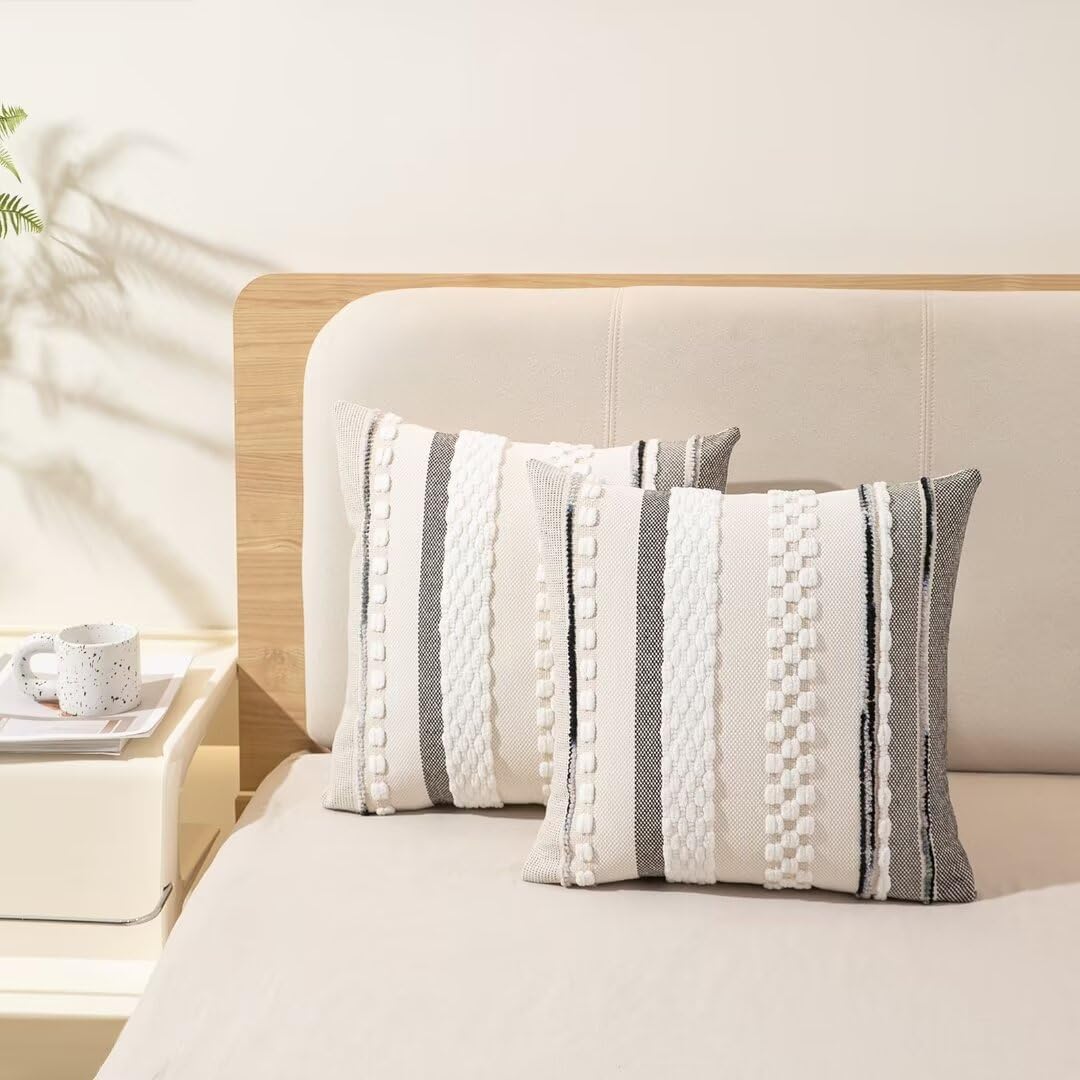Boho Throw Pillow Covers 18x18 Set of 2 Farmhouse Decorative Cushion Case Striped Square Pillows Cover Chenille Pillow Cases Accent Neutral Pillowcase for Sofa Couch Bed,White