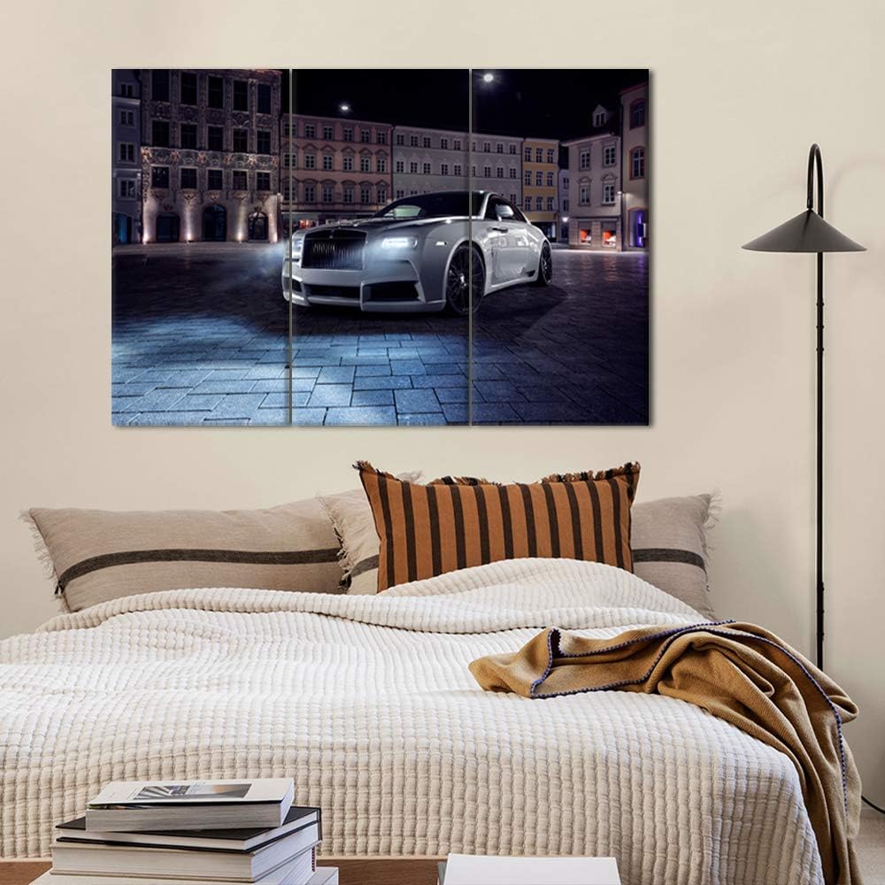 Wall Art Painting 3 Piece Cityscape and White Supercar Painting Pictures Print On Canvas Sports Car The Picture for Home Modern Decoration Stretched by Wooden Frame Ready to Hang 28 x 14inch x 3
