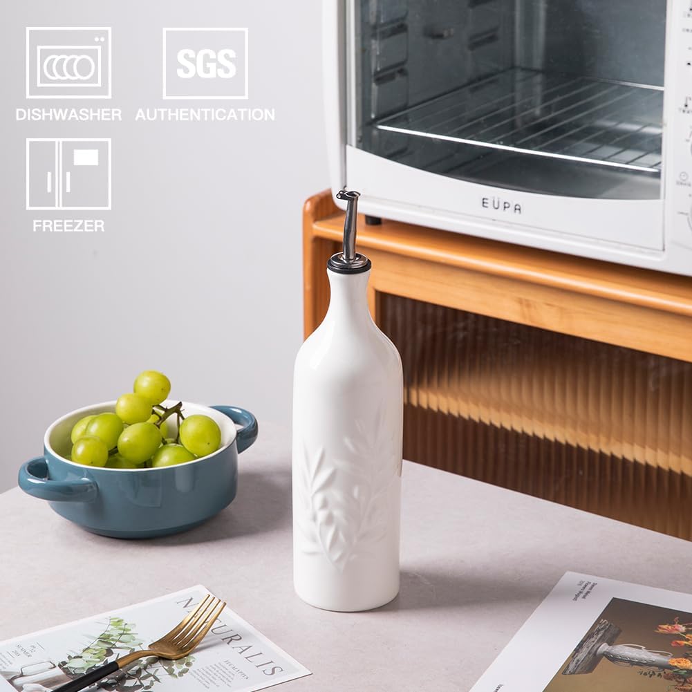 Sweejar Large Ceramic Olive Oil Dispenser Bottle, 24 Oz Relief Opaque Oil Cruet Protects Oil To Reduce Oxidation, Storage Oil, Vinegar, Soy Sauce, Coffee Syrup, Liquids, Set of 1 (White)