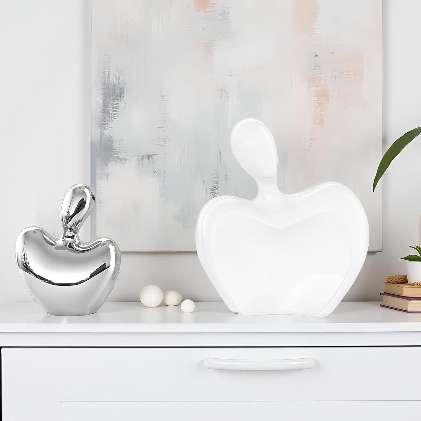 XMGZQ White and Silver Ceramic Couple Figurines Home Decor,Wedding Engagement Romantic Gift for Husband Wife,Large Male and Female Love Statue Valentine's Day Birthday,Abstract Hugging Couple