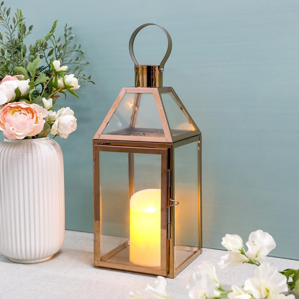JHY Design Rose Gold Decorative Lanterns 16 inch High Stainless Steel Candle Lanterns with Tempered Glass for Indoor Outdoor Events Parities and Weddings