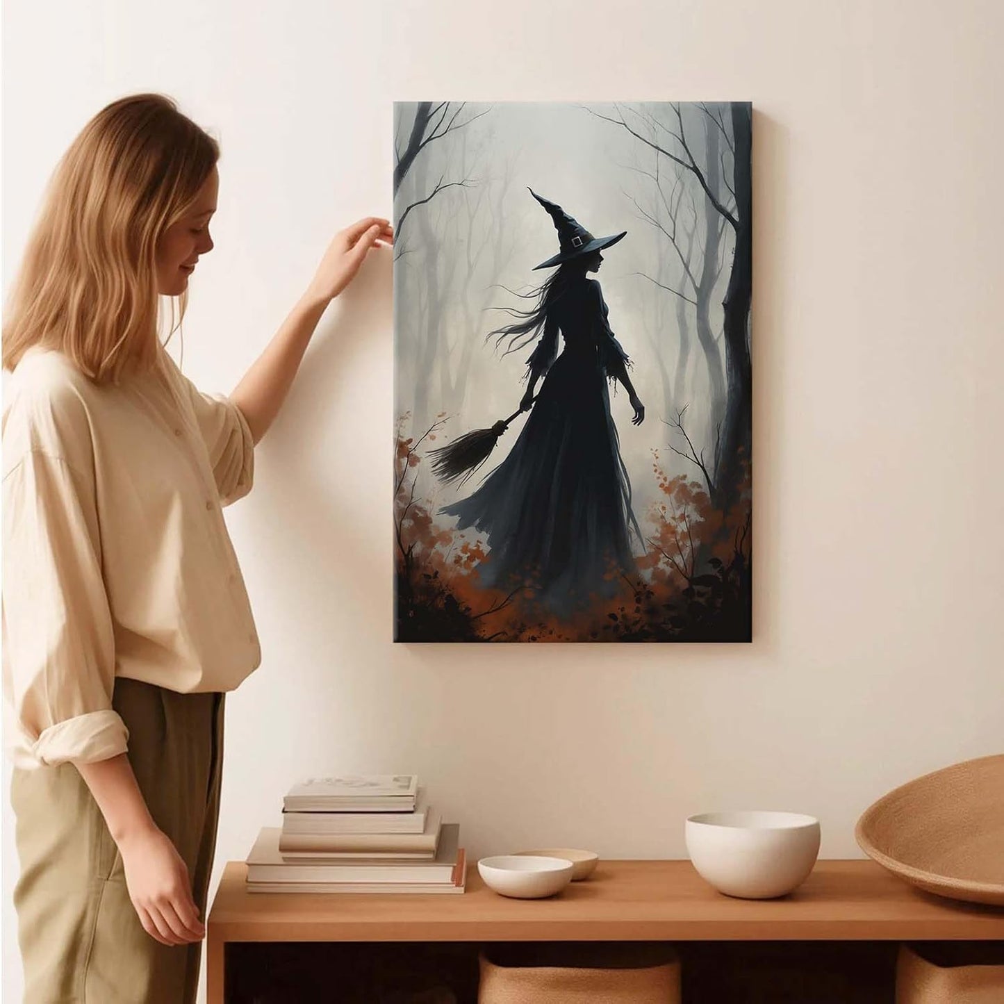 JFHCQJPK Vintage forest witch silhouette poster Halloween mural poster decoration mural art magic suitable for home living room bedroom28x40in Frameless