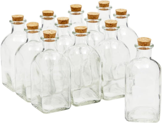 Juvale 12-Pack Mini Glass Bottles with Cork Lids - 4 oz Clear Vintage Square - Wedding Decor & Party Favors - Potion Bottles with Cork & Mini Glass Jars with Lids