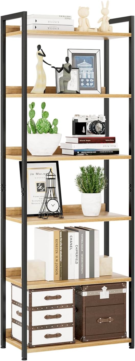 NUMENN Bookshelf, 6 Tier Bookshelves, Home Office Bookcase Shelf Storage Organizer, Free Standing Storage Shelving Unit for Bedroom, Living Room and Home Office, Natural