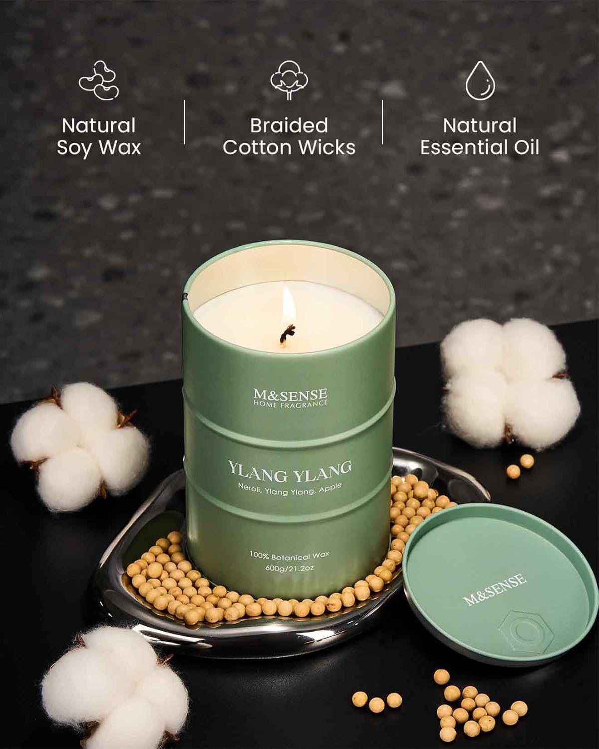 M&SENSE Ylang Ylang Scented Candles Large, Natural Soy Candles 21.2oz 120 Hour Slow Burning,Aromatherapy Candle for Stress Relief Meditation Relaxing