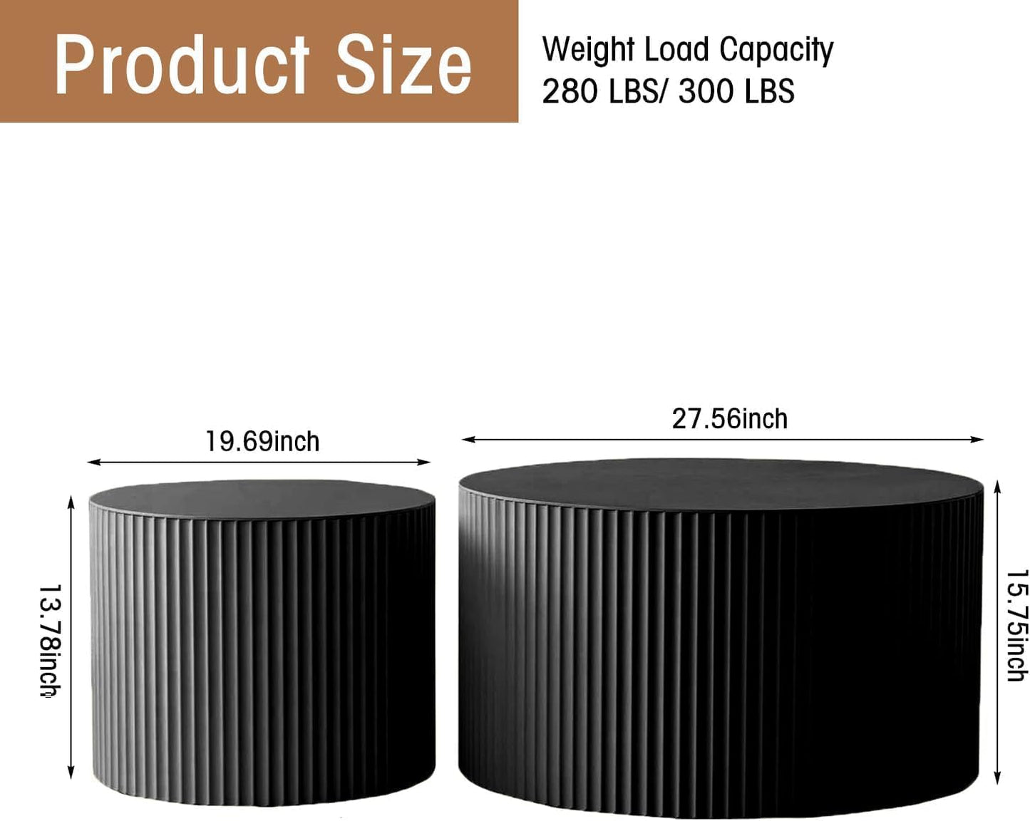 Round Coffee Table Set of 2, Nesting Coffee Table and End Table Set Small Circle Drum Side Table for Living Room Office, No Assembly (A Black Large)