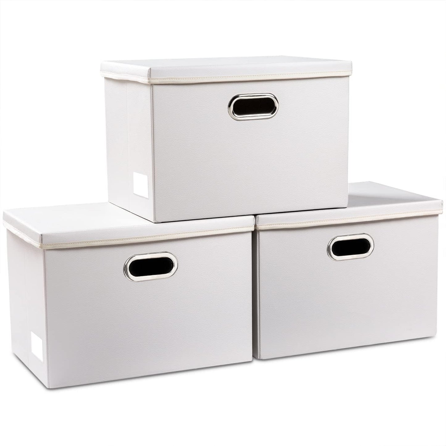 PRANDOM Large Stackable Storage Bins with Lids [3-Pack] Leather Fabric Foldable Storage Boxes Organizer Containers Baskets Cube with Cover for Bedroom Closet Office Nursery White (17.7x11.8x11.8)