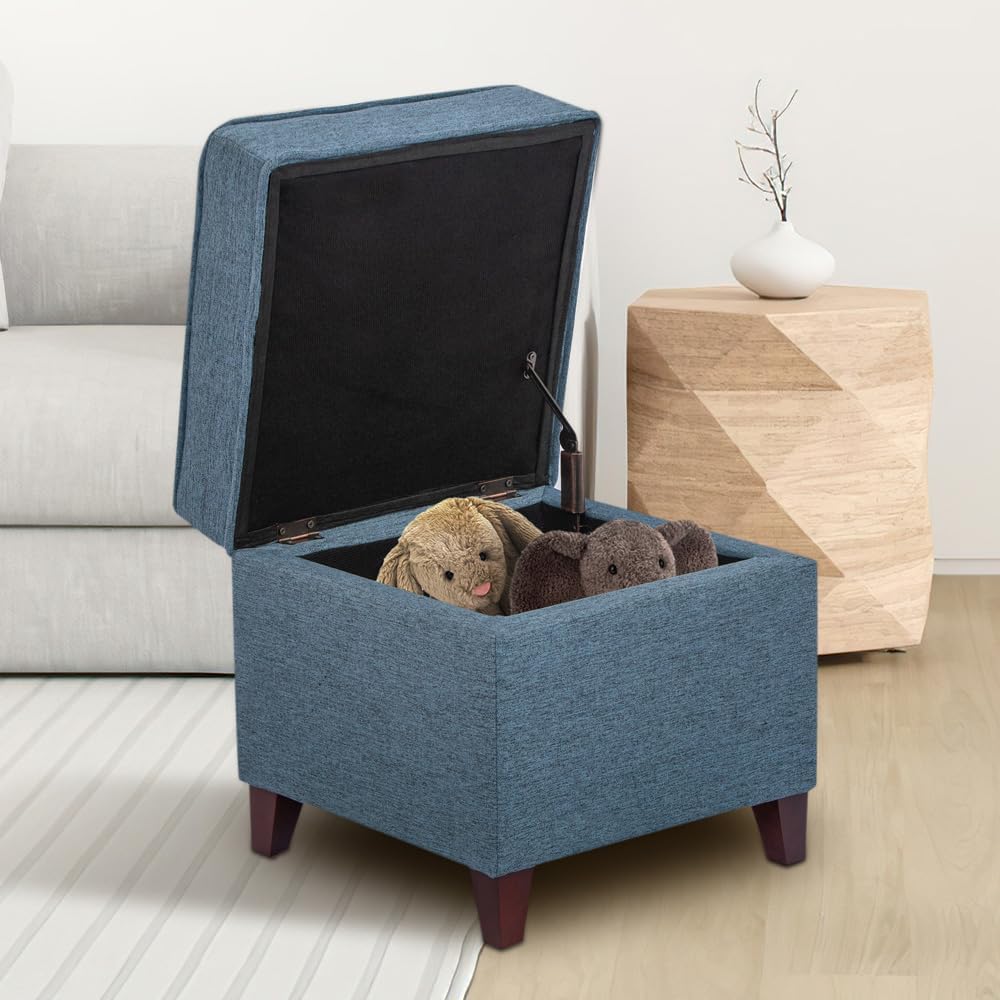 Adeco 17" Square Ottoman with Storage, Small Blue Storage Ottoman Foot Rest with Hinged Lid & Solid Wood Legs, Linen Fabric Foot Stool for Living Room & Bedroom