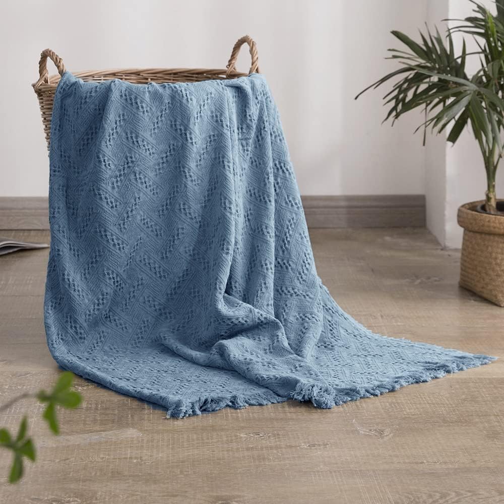 Simple&Opulence 100% Cotton Throw Blanket for Bed, Couch, Boho Luxury Geometric Knit Woven Blanket with Tassels Soft Lightweight Cozy Breathable, Vintage Farmhouse Decoration for All-Season(Blue)