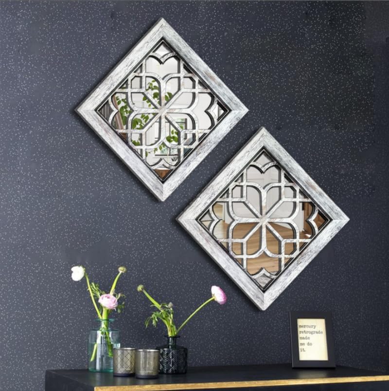 Boho Square Wall Mirrors Set of 2-12" x12'Decorative Mirrors for Wall Decor, BrownHandcrafted Mirror Panels Perfect for LivingRoom Bedroom Entryway Hallway (Grey)