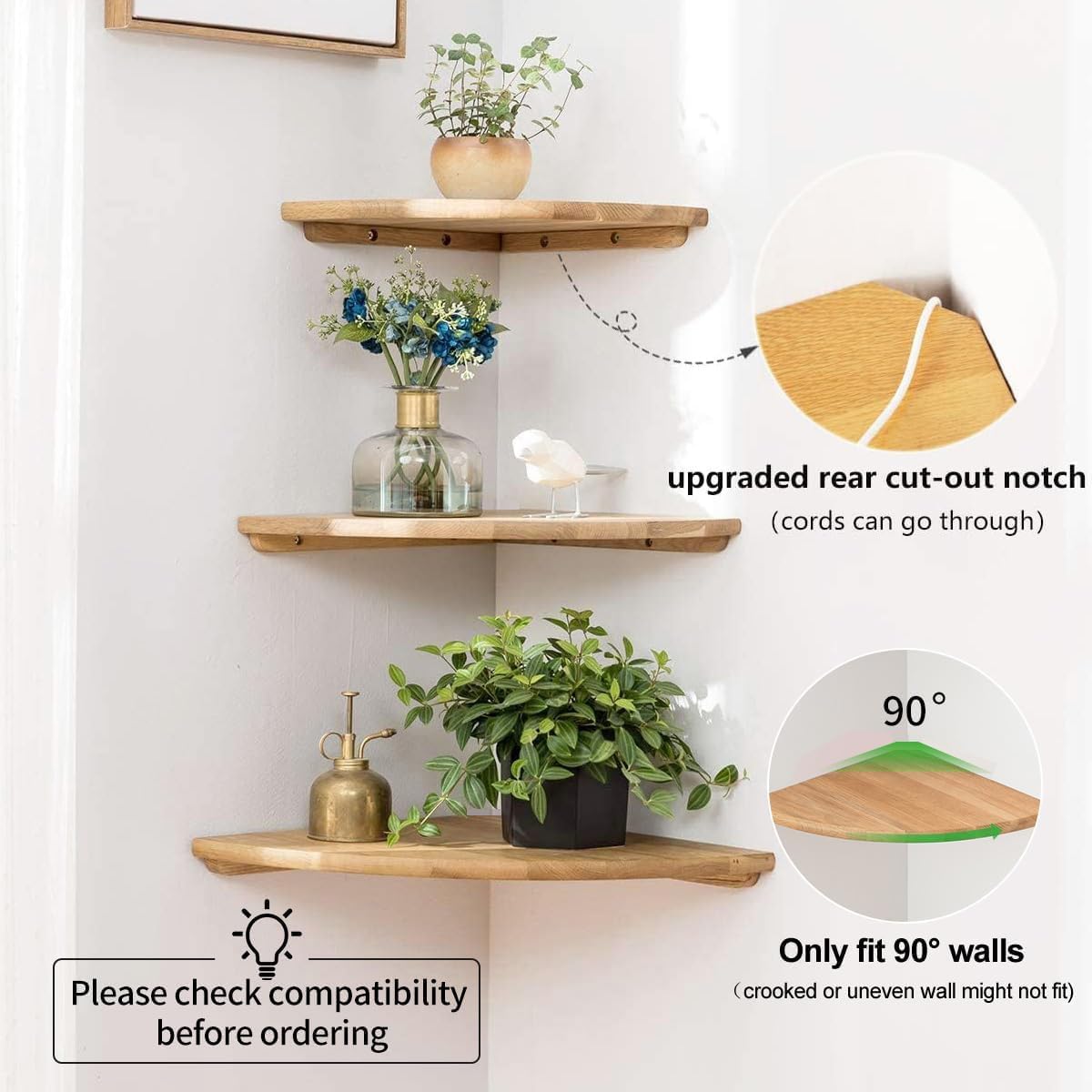 Corner Shelves, Floating Corner Shelf, Set of 2 12inch Solid Oak Wood Wall Shelves, Round End Wall Mount Display Shelf with Wire Hole for Bedroom Kitchen, Living Room