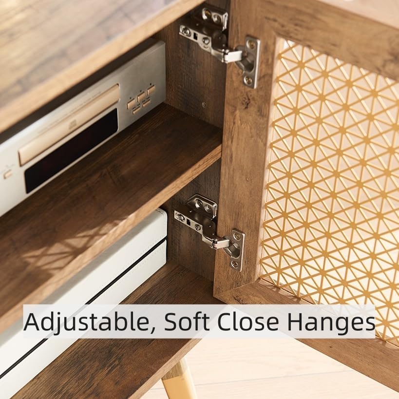 JYED Mid Century Modern TV Stand and Console for TVs Up to 75 inch - Rustic Oak Entertainment Center, 2 Gold Metal Mesh Doors & MDF Wood Grain, 15.8" D x 66" W x 23.5" H