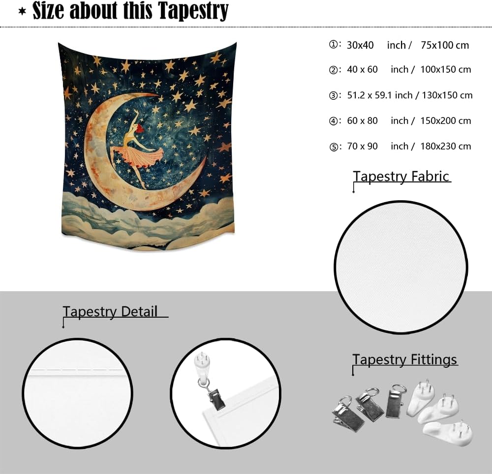 Dancer on the Moon Tapestry Starry Night Sky Art Print Dark Academia Gothic Aesthetic Wall Hanging Stars Moon Clouds Tapestries Whimsical Wall Decor for Nursery Bedroom 70x90inch