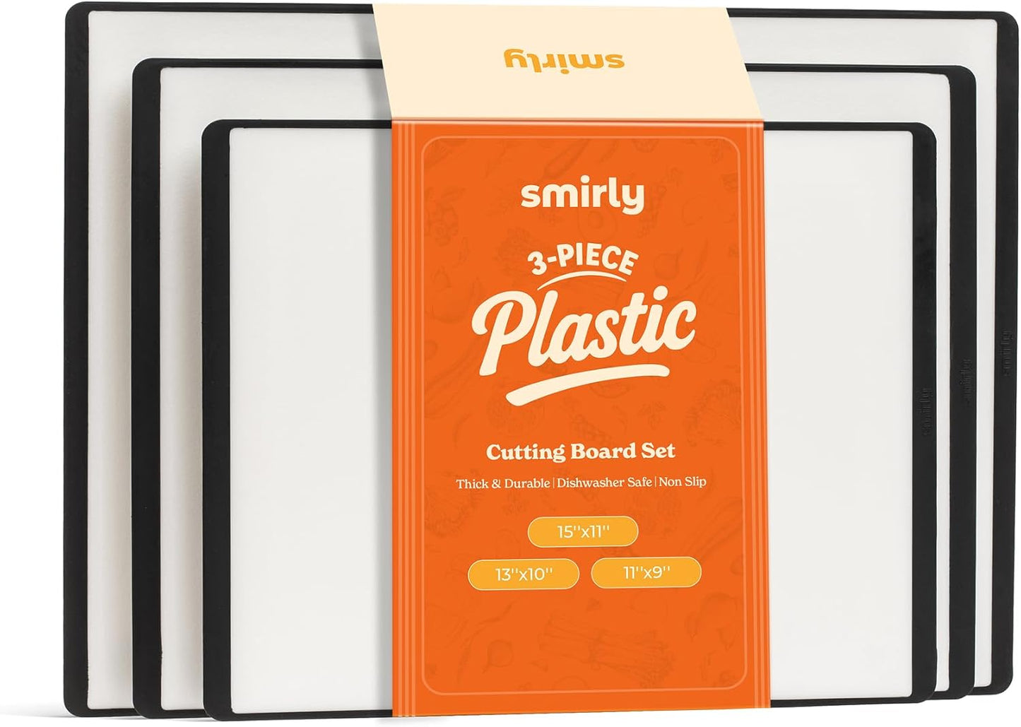 SMIRLY Plastic Cutting Board Set 3 Pieces, Non-Slip Dishwasher Safe Chopping Boards for Kitchen, Black & White