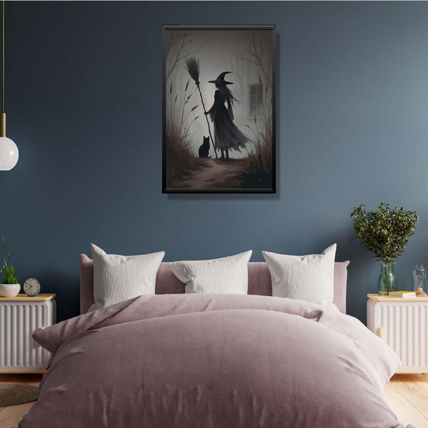 JFHCQJPK Vintage forest witch and black cat poster Halloween mural poster decoration mural art magic suitable for home living room bedroom24x36in Metal blackFramed