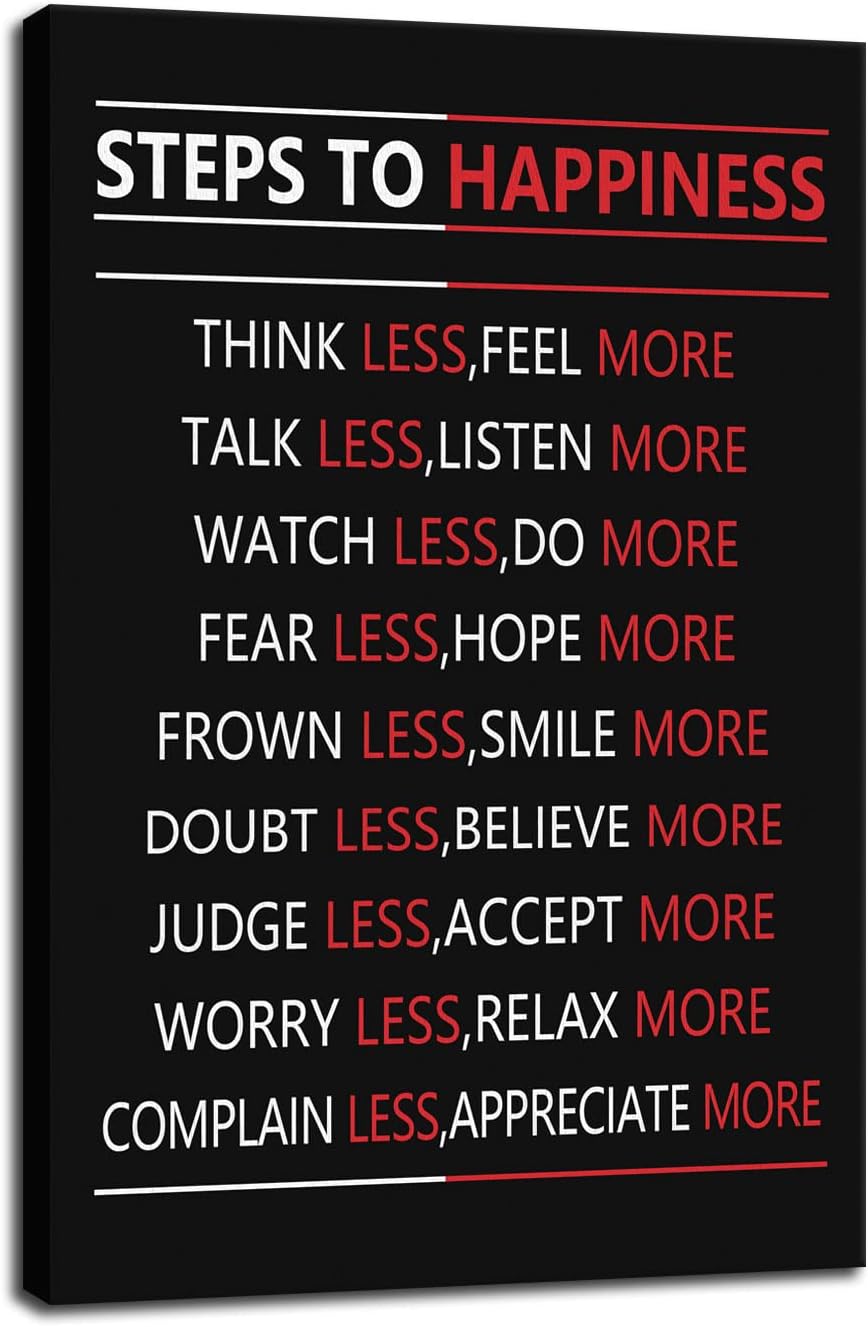 Motivational Steps For Happiness Wall Art for Office Inspiring Positive Poster Inspirational Affirmative Canvas Painting Prints Wall Pictures for Living Room Home Decor Framed Artwork [12''W x 18''H]