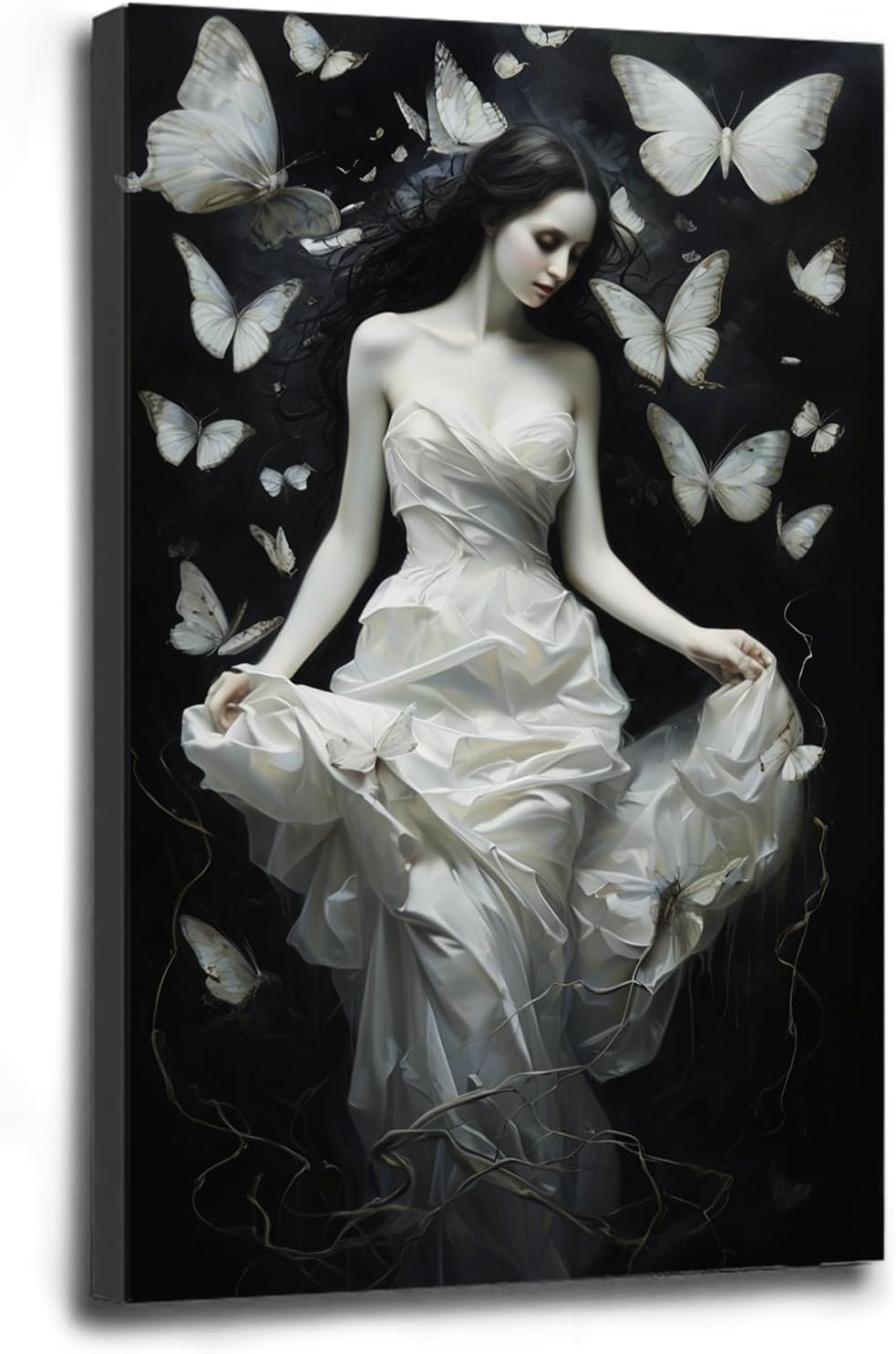 Vintage Gothic Feminine Canvas Wall Art Print Butterfly Poster Moody Preppy Wall Art Dark College Decor for Home Bedroom12x16in Wood Framed