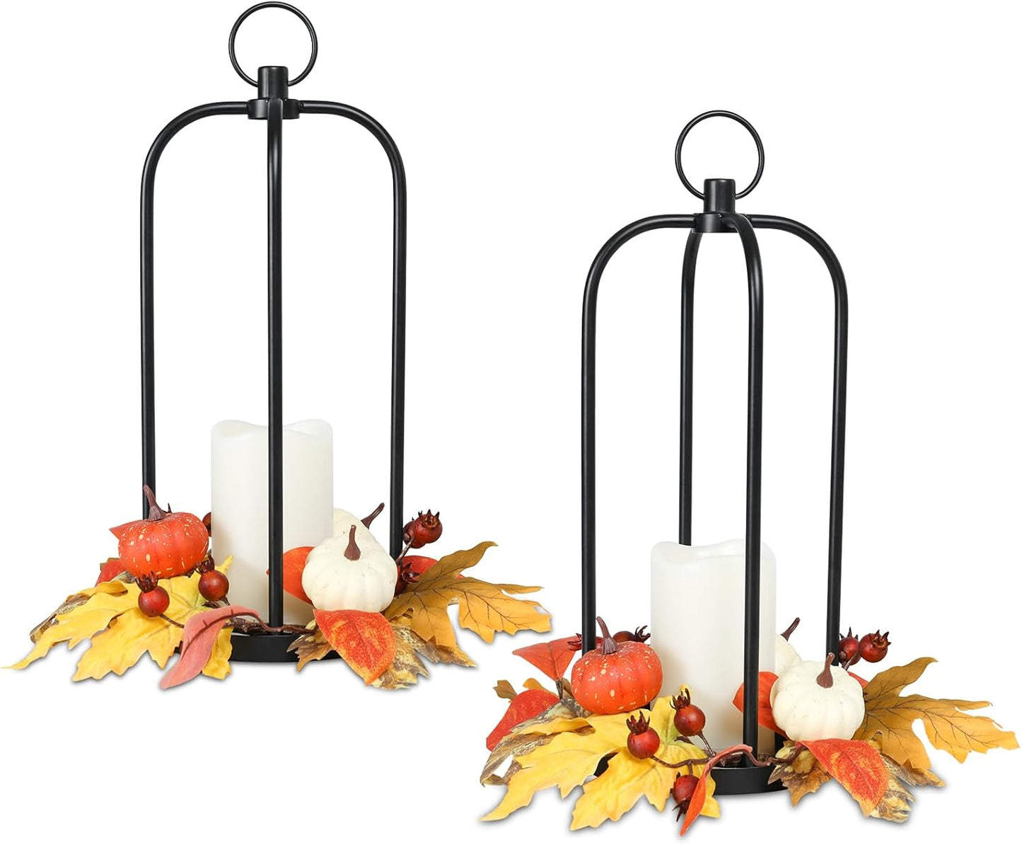 Fall Decor Lanterns Outdoor, 14" Waterproof Decorative Lantern Indoor Decor Metal Hanging Candle Holder LED Flameless Candle Lantern for Patio, Porch, 2 Packs
