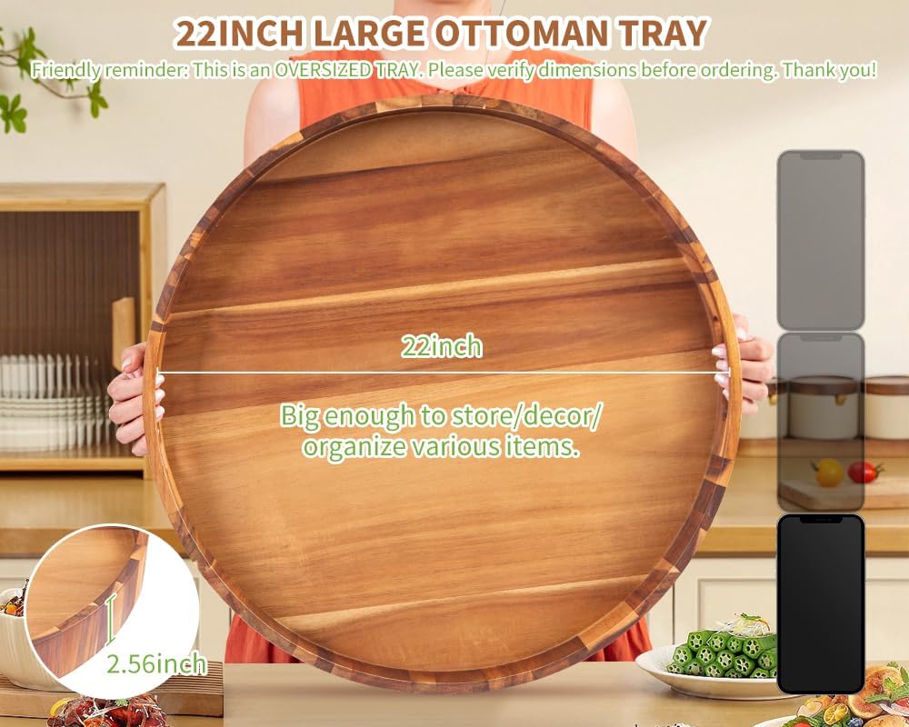 Large Ottoman Tray, 22" Big Ottoman Tray for Living Room, Large Serving Tray with Handles for Coffee Table Kitchen Counter,Great Round Wooden Trays with 4 Round Coasters for Appetizers, Dinner