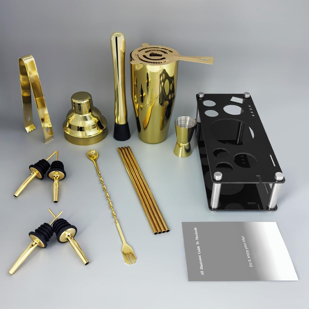 14-Piece Cocktail Shaker Set Bartender Kit with Black Stand, Bar Tool Set for Drink Mixing Bartending Kit Bar Sets Accessories: 750ml(25oz) Shaker, Jigger, Muddler, Cocktail Recipes (Gold)
