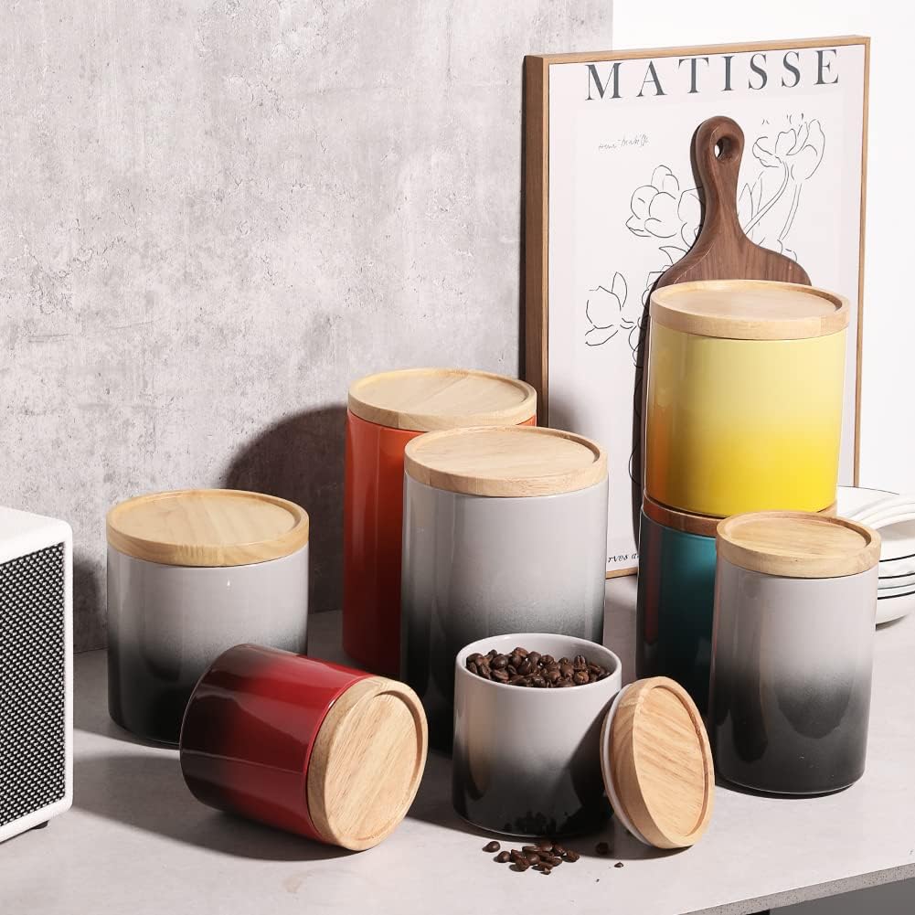 Sweejar Ceramic Food Storage Jar, Stackable Kitchen Canisters, Containers with Airtight Seal Wooden Lid for Serving Ground Coffee, Tea, Sugar, Salt and More - 16 Fl Oz (Gradient Gray)