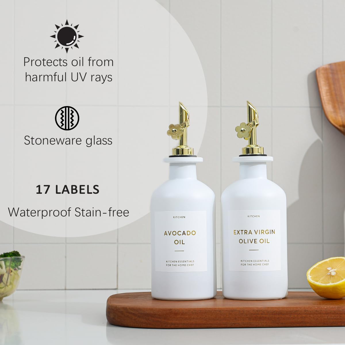 HOMCDALY Olive Oil Dispenser for Kitchen, 11.8oz Glass kitchen Dispenser Bottle, Gold Oil&Vinegar Cruet Set, Leakproof Oil Containers for Cooking| Set of 2 (11.8oz – Gold)