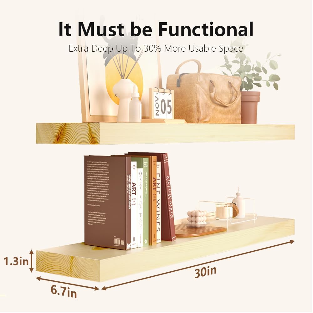 Habudda Floating Shelves for Wall, Solid Pine Wood Shelf for Bathroom Bedroom Kitchen, Rustic Room Decor, Wall Mounted, 30 Inches Long, Set of 2, Natural