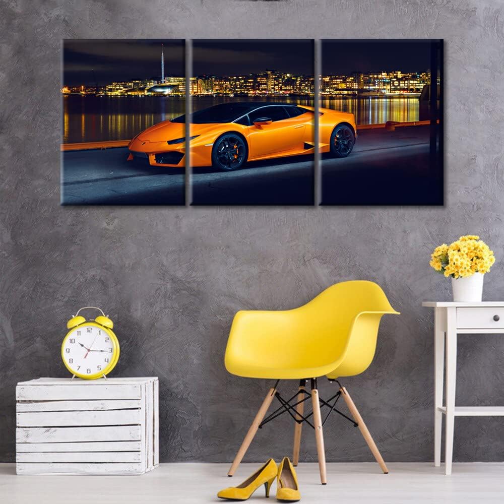 TUMOVO Canvas Art Wall Decor Orange Car Poster for Men Boys Bedroom Décor Wall Art Pictures for Living Room Sports Car Wall Painting Modern Wall Art Stretched and Framed Ready to Hang 36" Wx16 H