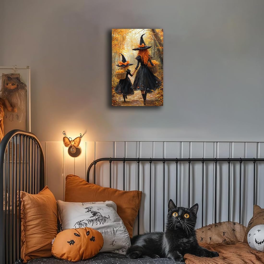 Mother Witch And Child Daughter Witch Wall Art,Halloween Autumn Woodland Forest Path Picture,Family Room Nursery Playroom Kids Room Decor,16"x24" Unframed