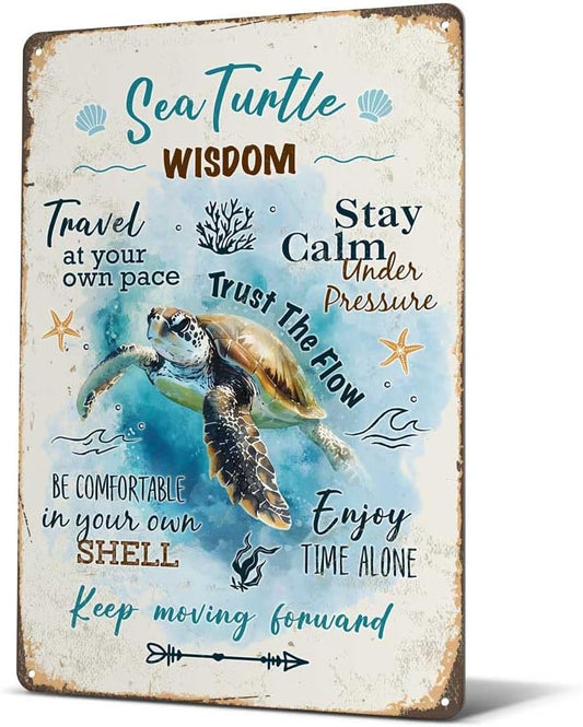 Heuhuww Retro Sea Turtle Wisdom Metal Sign for Home Office Room-Inspirational Beach Decor-Sea Turtle Quote Gifts for Ocean Lovers 12" x 8"(H16)
