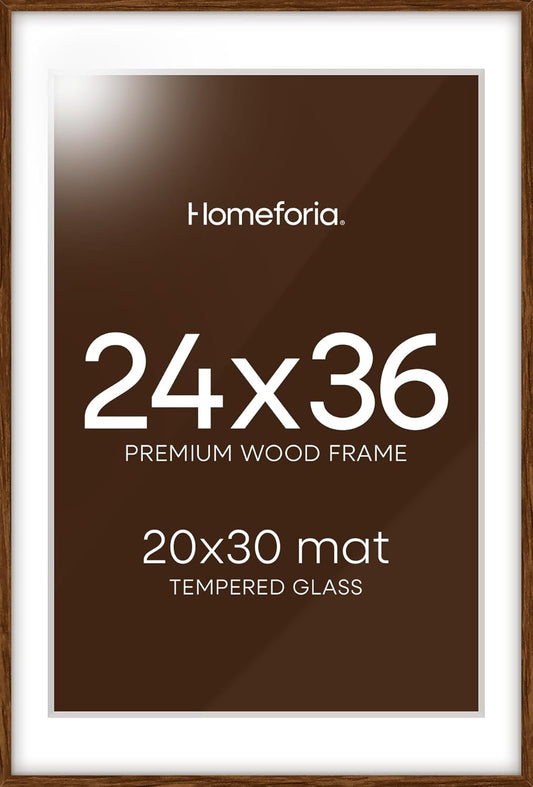 Homeforia 24x36 Walnut Wood Frame, High End Dark Oak 24x36 Large Wooden Poster Frame with Mat 20x30, 24 x 36 Brown Picture Frame Matted to 20 x 30, 36x24 Thin Frame, Tempered Glass, Wall Kit, Set of 1