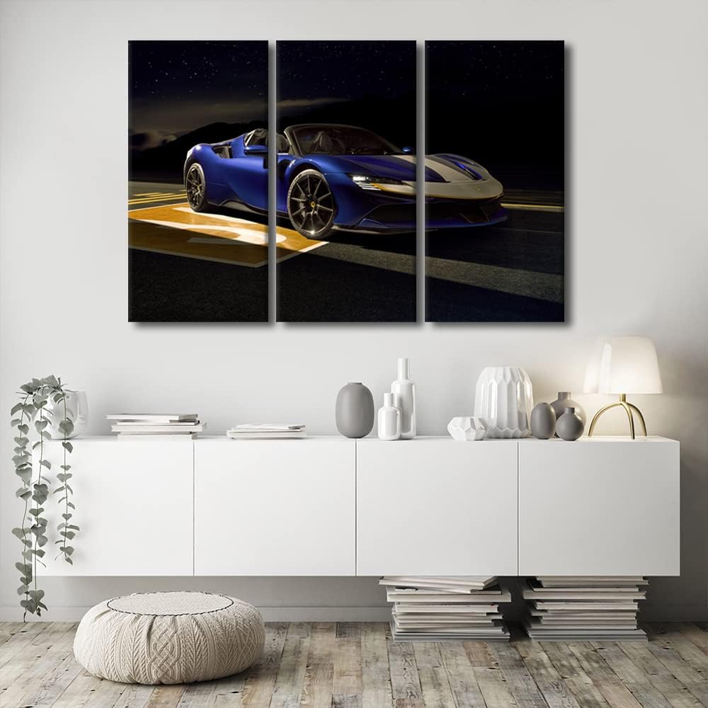 TUMOVO Supercar Wall Art Blue Sports Car Pictures Print On Canvas Sportscar on the Runway Modern Artwork Wall Art for Living Room Office Giclee Gallery Posters Prints Framed Ready to Hang, 42" Wx28 H