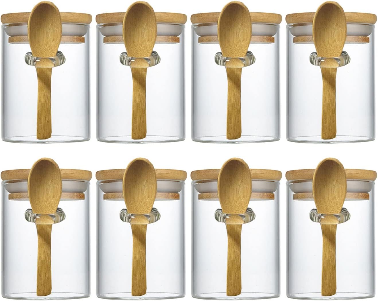 7.6 oz Airtight Mini Glass Jars with Bamboo Lids and Bamboo Spoons, Spice Jars Small Food Storage Containers for Kitchen, Bathroom, Home Decor Set of 8