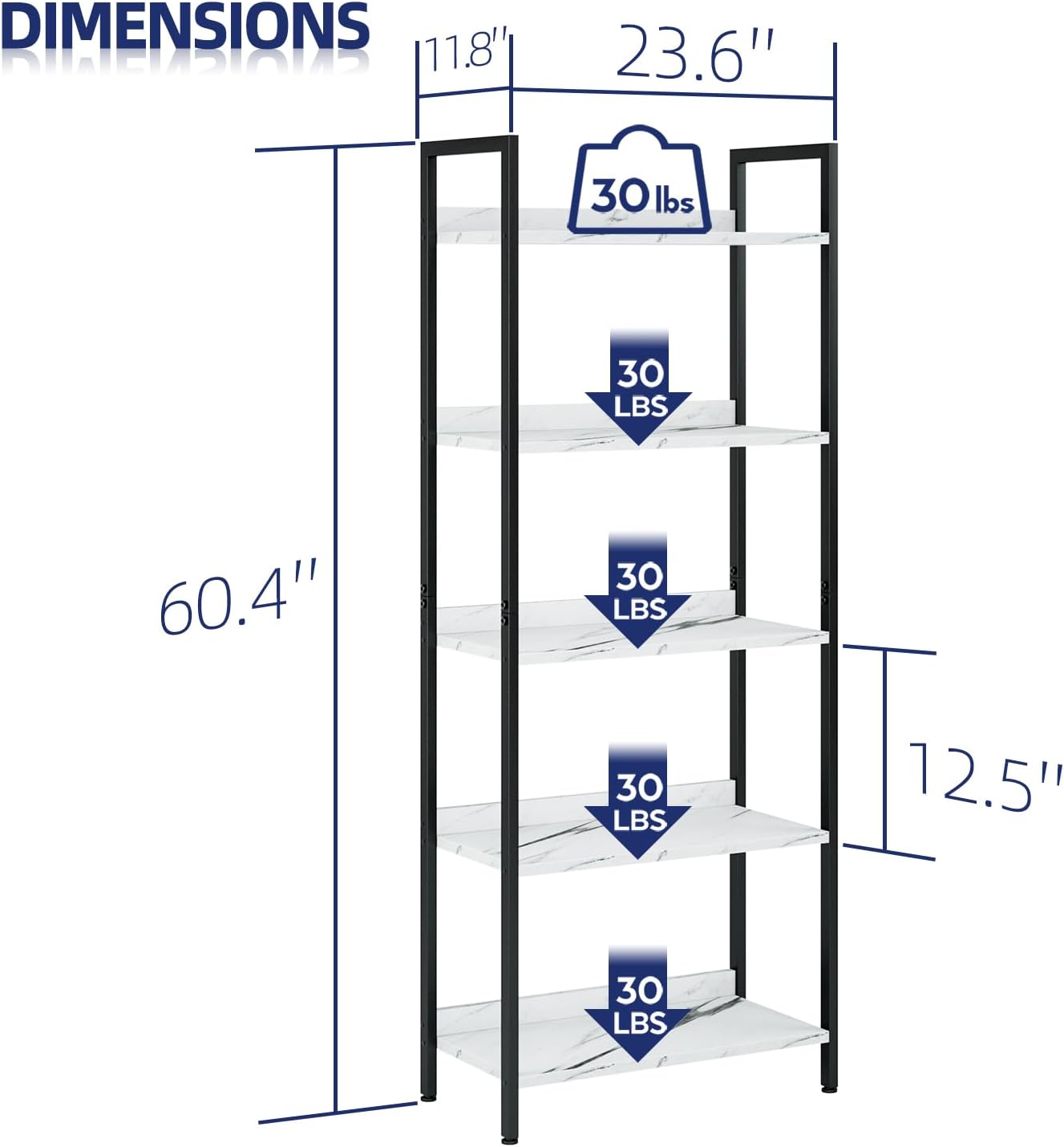 NUMENN Bookshelf, 5 Tier Bookshelves, Home Office Bookcase Shelf Storage Organizer, Free Standing Storage Shelving Unit for Bedroom, Living Room and Home Office, White Marble