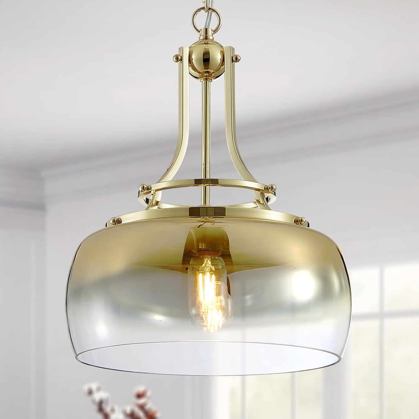 WUZUPS Gold Chandelier Rustic Farmhouse Industrial Round Ceiling Pendant LED Light Fixture with Gradient Glass Shade for Dining Room Kitchen Island Foyer Entryway, H 17" W 13.4", E26 Base