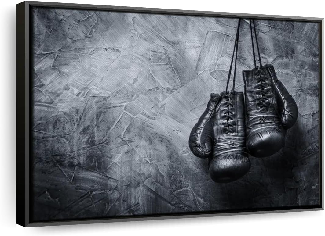 ElephantStock Boxing Gloves Wall Art - Horizontal Framed Canvas - 1-Piece Living Room Wall Decor - Photography Sports Canvas Print - Black and Gray Decor for Wall - 31" X 21"