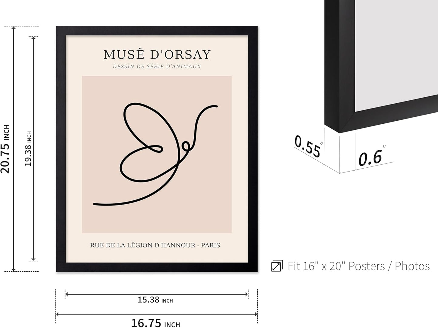 Poster Master Vintage Poster - Retro One Line Butterfly Drawing Print - Butterfly Line Art - Minimal Gift for Him, Her, Animal Lover - Abstract Decor for Home, Office, 16x20 Black Framed